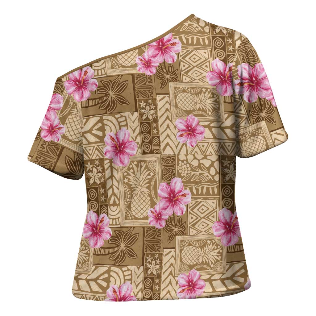 Beige Hawaii Hibiscus With Tropical Flowers Motifs Cross Shoulder Shirt - Polynesian Pride