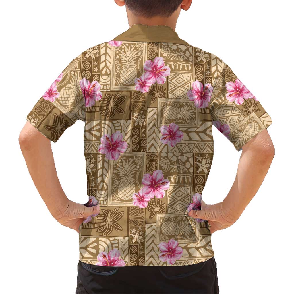 Beige Hawaii Hibiscus With Tropical Flowers Motifs Family Matching Long Sleeve Bodycon Dress and Hawaiian Shirt - Polynesian Pride