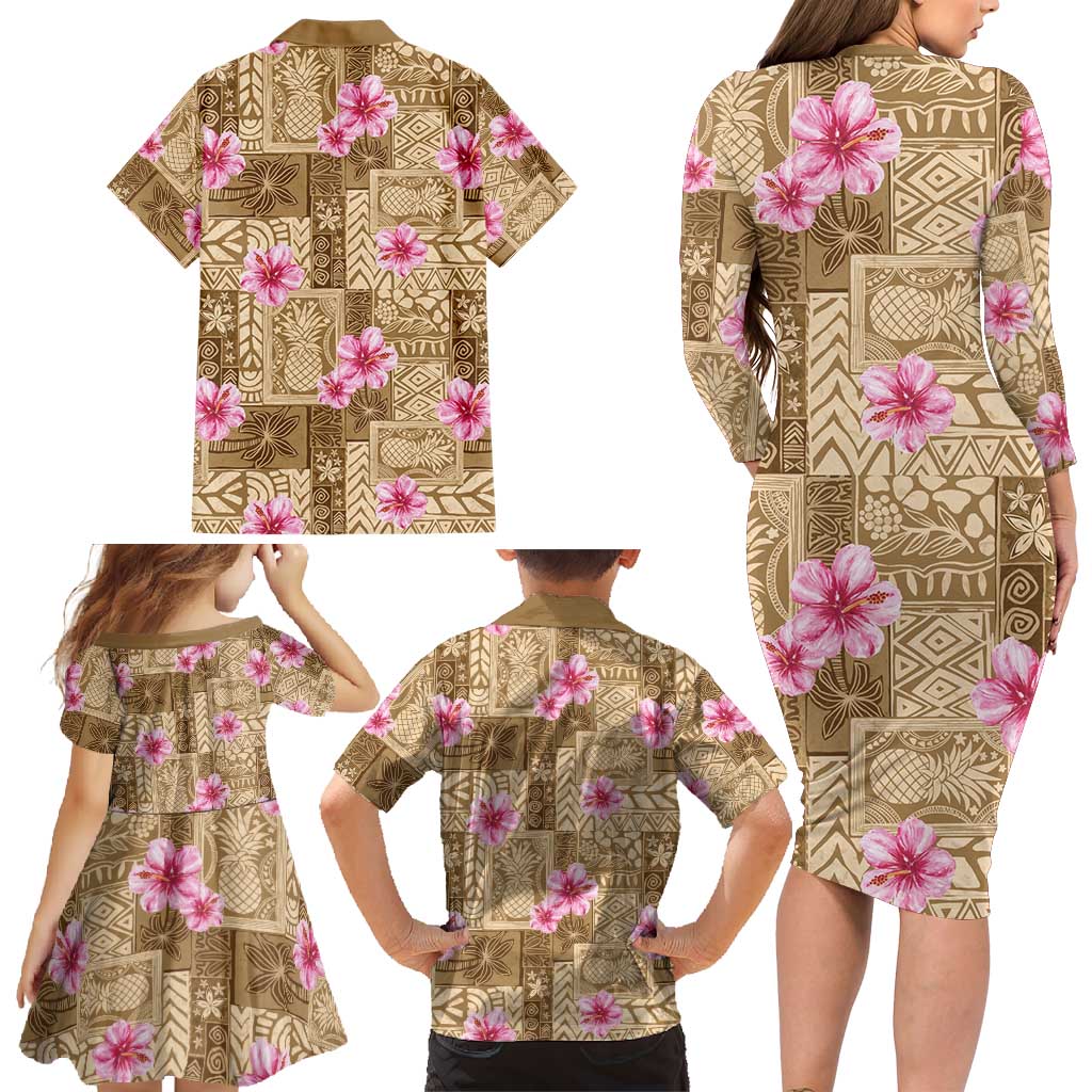 Beige Hawaii Hibiscus With Tropical Flowers Motifs Family Matching Long Sleeve Bodycon Dress and Hawaiian Shirt - Polynesian Pride