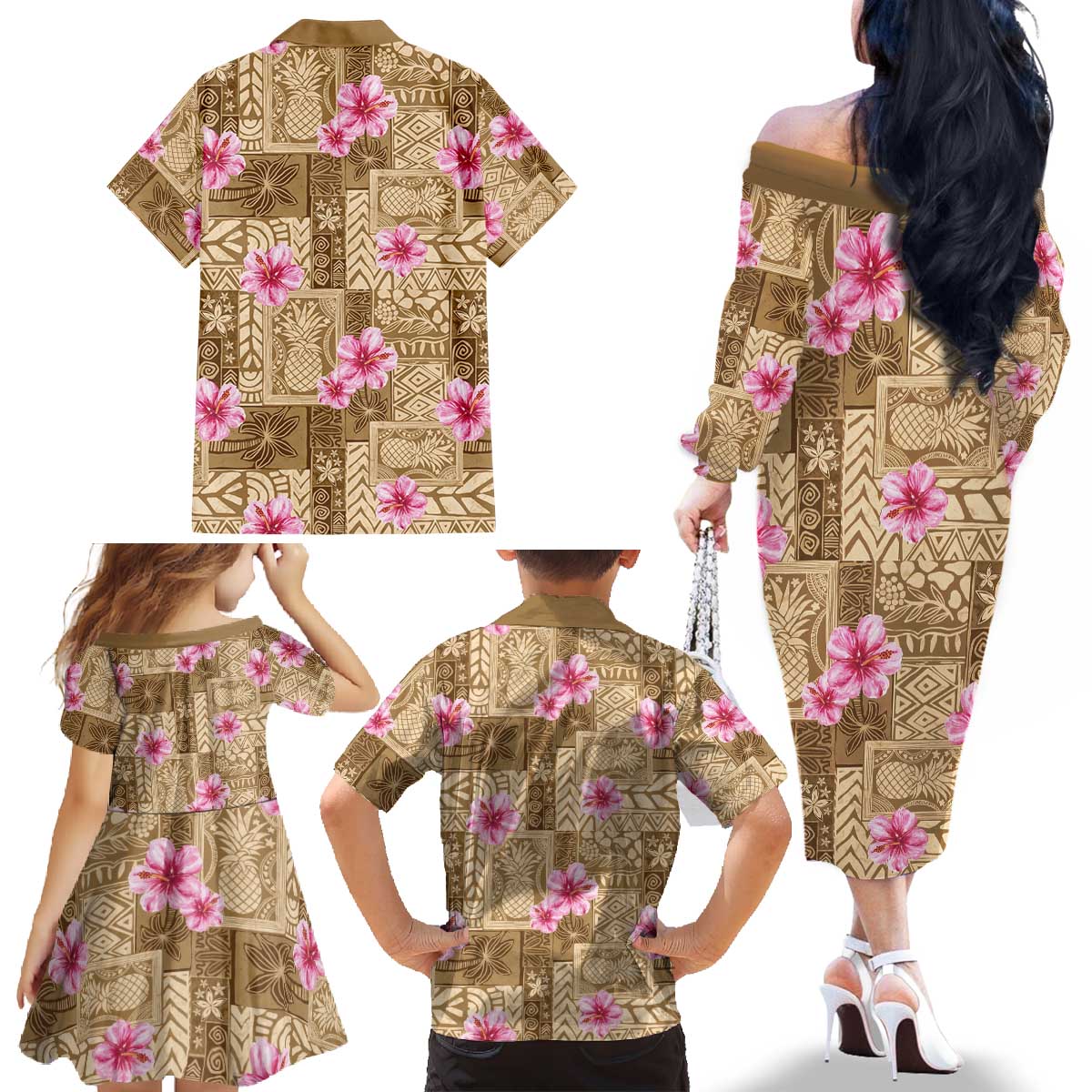 Beige Hawaii Hibiscus With Tropical Flowers Motifs Family Matching Off The Shoulder Long Sleeve Dress and Hawaiian Shirt - Polynesian Pride