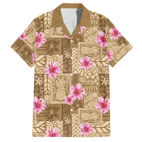 Beige Hawaii Hibiscus With Tropical Flowers Motifs Family Matching Off The Shoulder Long Sleeve Dress and Hawaiian Shirt - Polynesian Pride