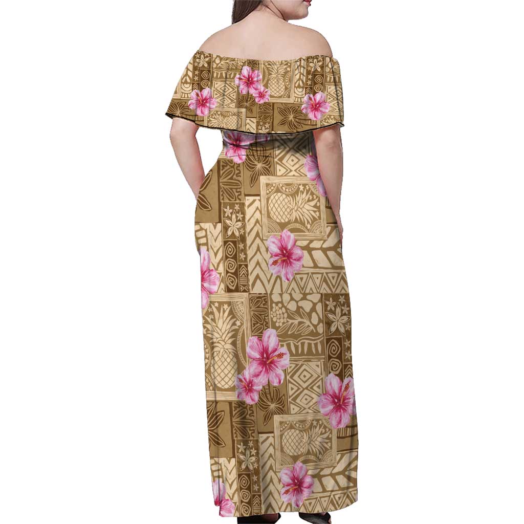 Beige Hawaii Hibiscus With Tropical Flowers Motifs Family Matching Off Shoulder Maxi Dress and Hawaiian Shirt - Polynesian Pride