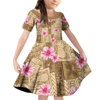 Beige Hawaii Hibiscus With Tropical Flowers Motifs Family Matching Off Shoulder Short Dress and Hawaiian Shirt - Polynesian Pride