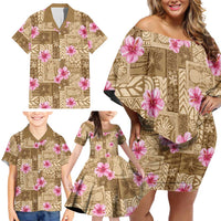 Beige Hawaii Hibiscus With Tropical Flowers Motifs Family Matching Off Shoulder Short Dress and Hawaiian Shirt - Polynesian Pride