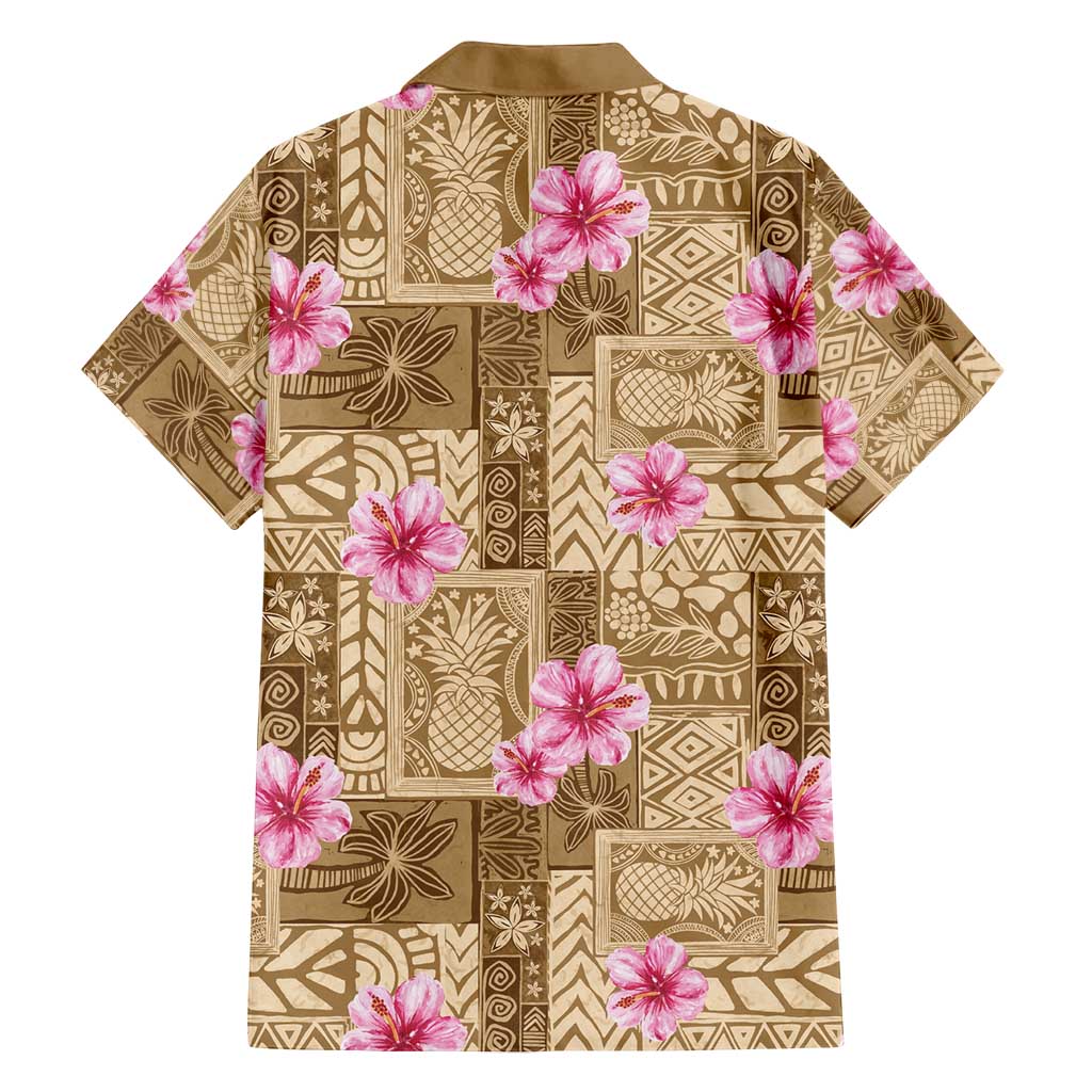 Beige Hawaii Hibiscus With Tropical Flowers Motifs Family Matching Off Shoulder Short Dress and Hawaiian Shirt - Polynesian Pride