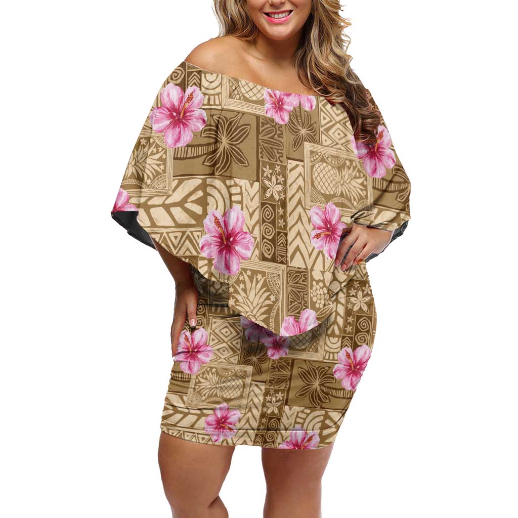 Beige Hawaii Hibiscus With Tropical Flowers Motifs Family Matching Off Shoulder Short Dress and Hawaiian Shirt - Polynesian Pride