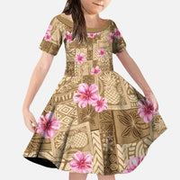 Beige Hawaii Hibiscus With Tropical Flowers Motifs Family Matching Puletasi and Hawaiian Shirt - Polynesian Pride