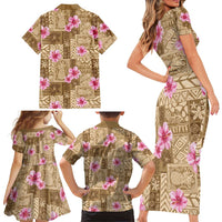 Beige Hawaii Hibiscus With Tropical Flowers Motifs Family Matching Short Sleeve Bodycon Dress and Hawaiian Shirt - Polynesian Pride
