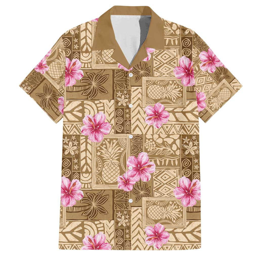 Beige Hawaii Hibiscus With Tropical Flowers Motifs Family Matching Summer Maxi Dress and Hawaiian Shirt - Polynesian Pride