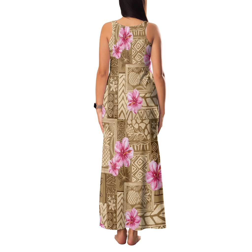 Beige Hawaii Hibiscus With Tropical Flowers Motifs Family Matching Tank Maxi Dress and Hawaiian Shirt - Polynesian Pride
