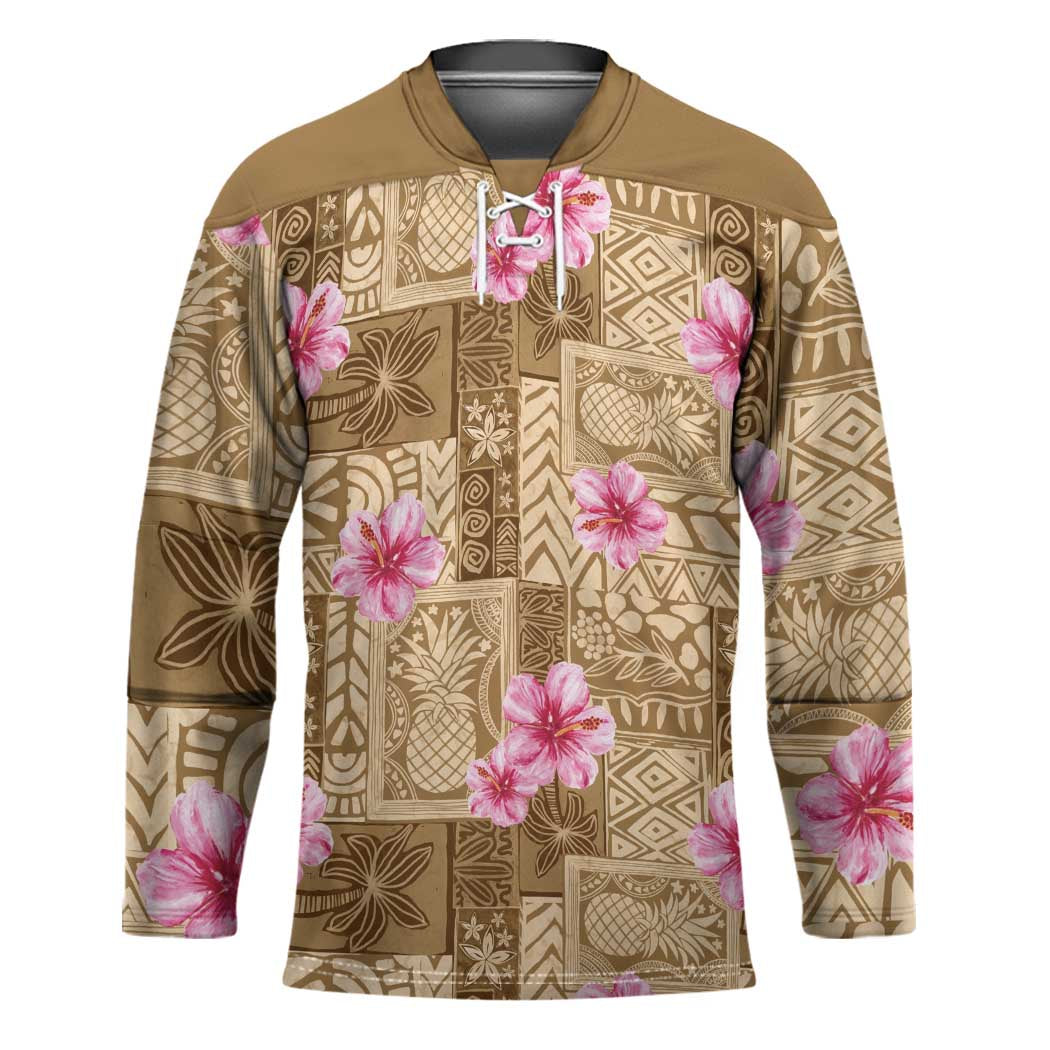 Beige Hawaii Hibiscus With Tropical Flowers Motifs Hockey Jersey - Polynesian Pride