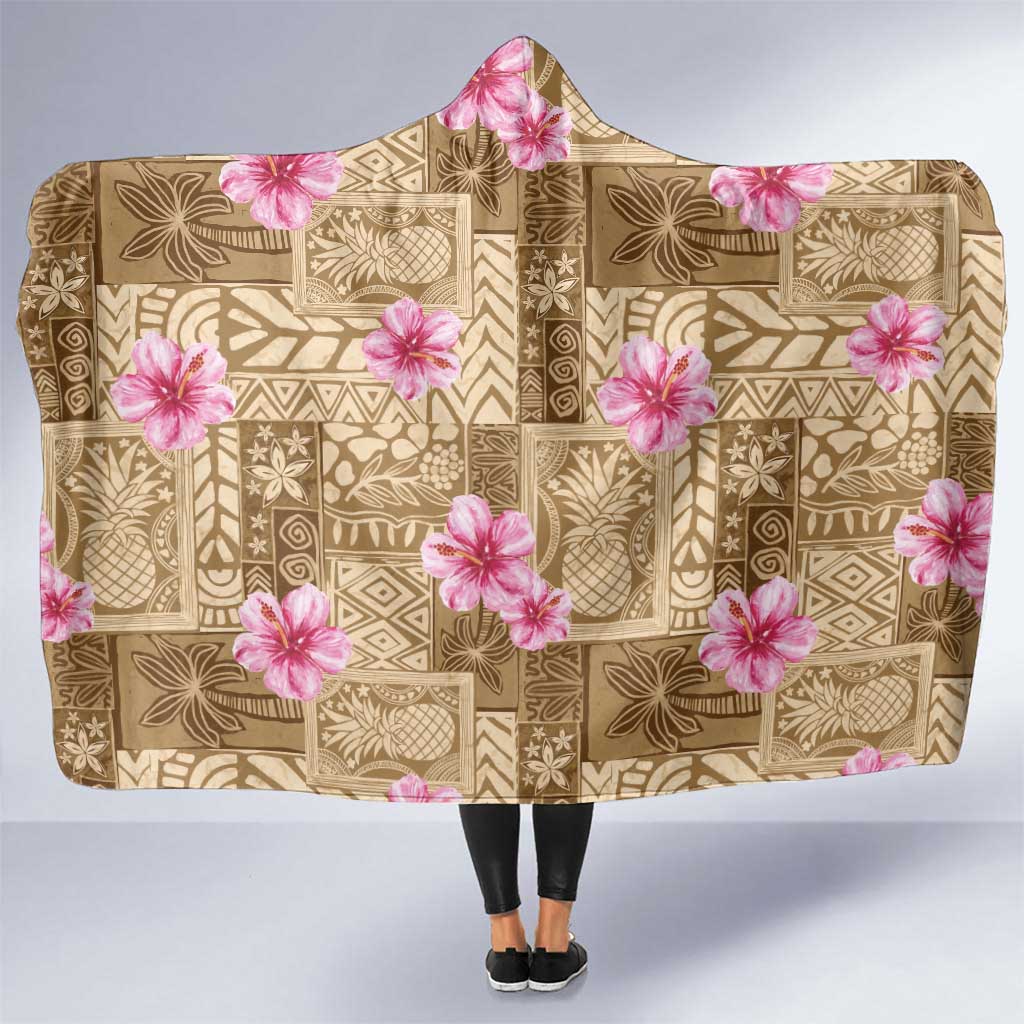 Beige Hawaii Hibiscus With Tropical Flowers Motifs Hooded Blanket - Polynesian Pride