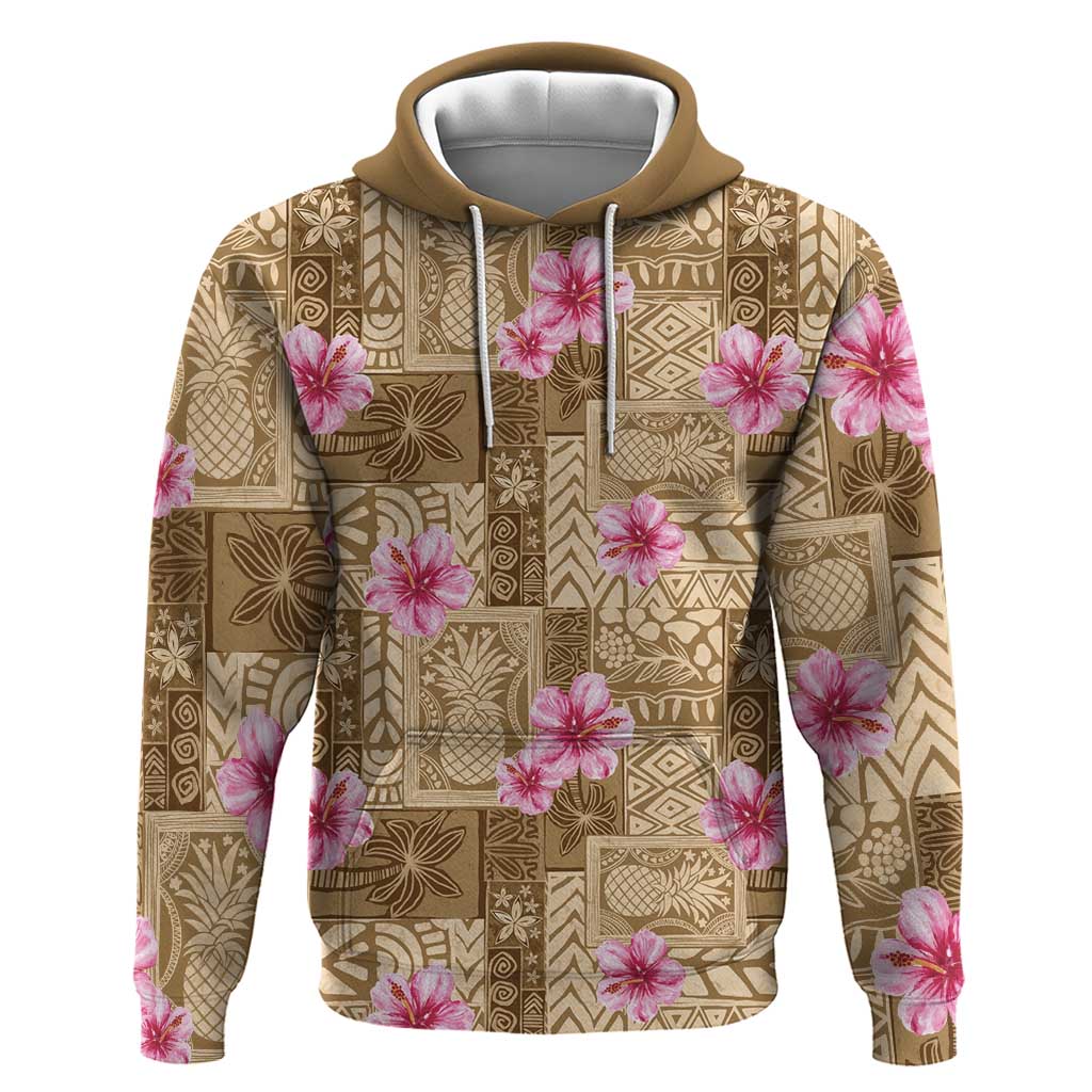 Beige Hawaii Hibiscus With Tropical Flowers Motifs Hoodie - Polynesian Pride