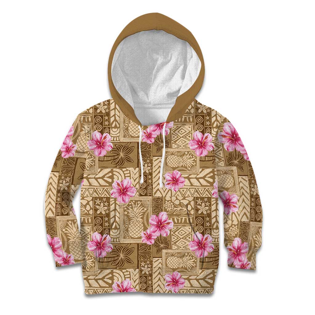 Beige Hawaii Hibiscus With Tropical Flowers Motifs Kid Hoodie - Polynesian Pride