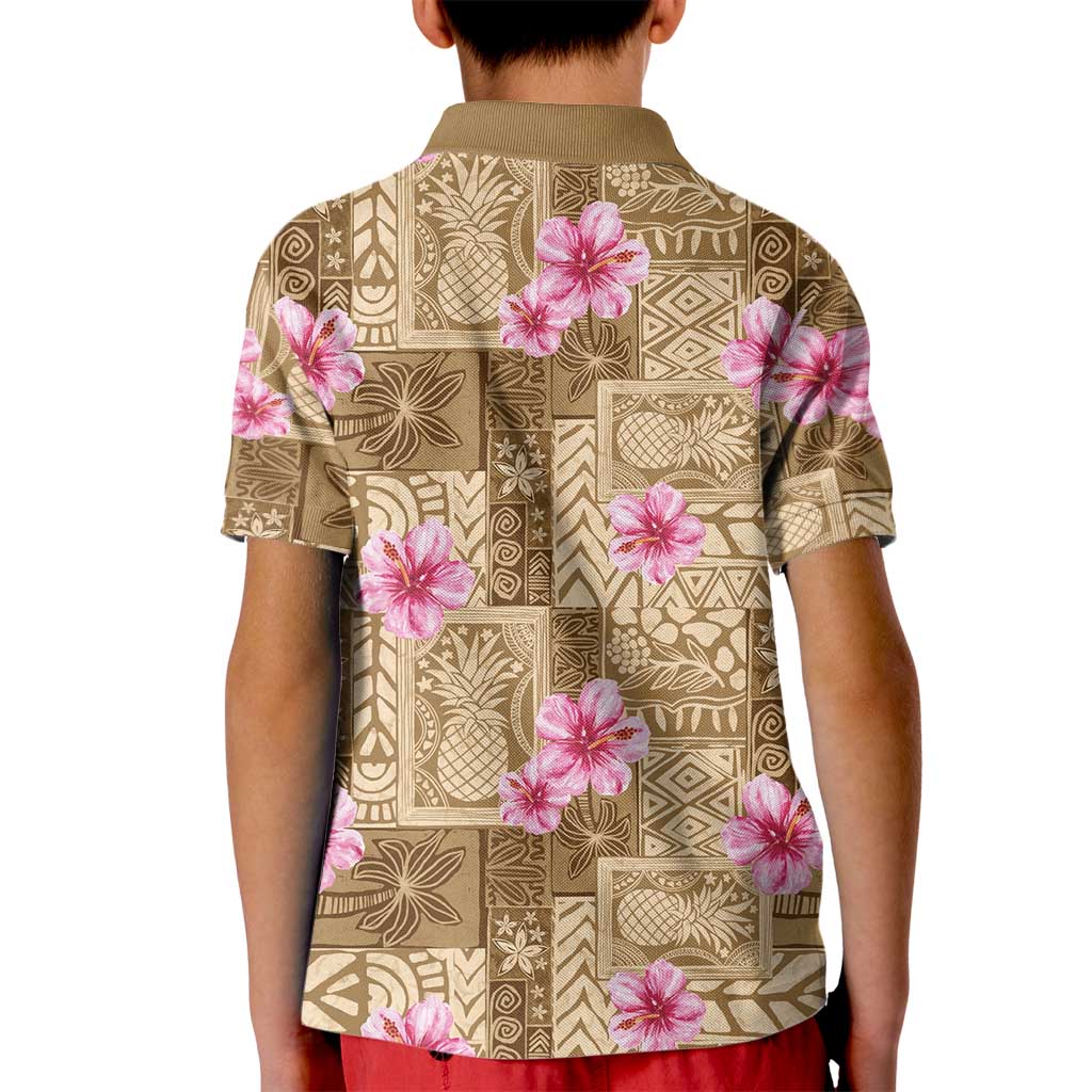 Beige Hawaii Hibiscus With Tropical Flowers Motifs Kid Polo Shirt - Polynesian Pride