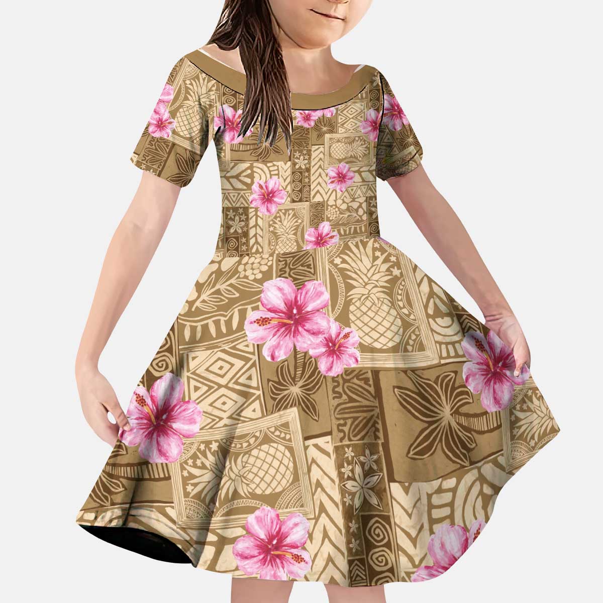 Beige Hawaii Hibiscus With Tropical Flowers Motifs Kid Short Sleeve Dress - Polynesian Pride