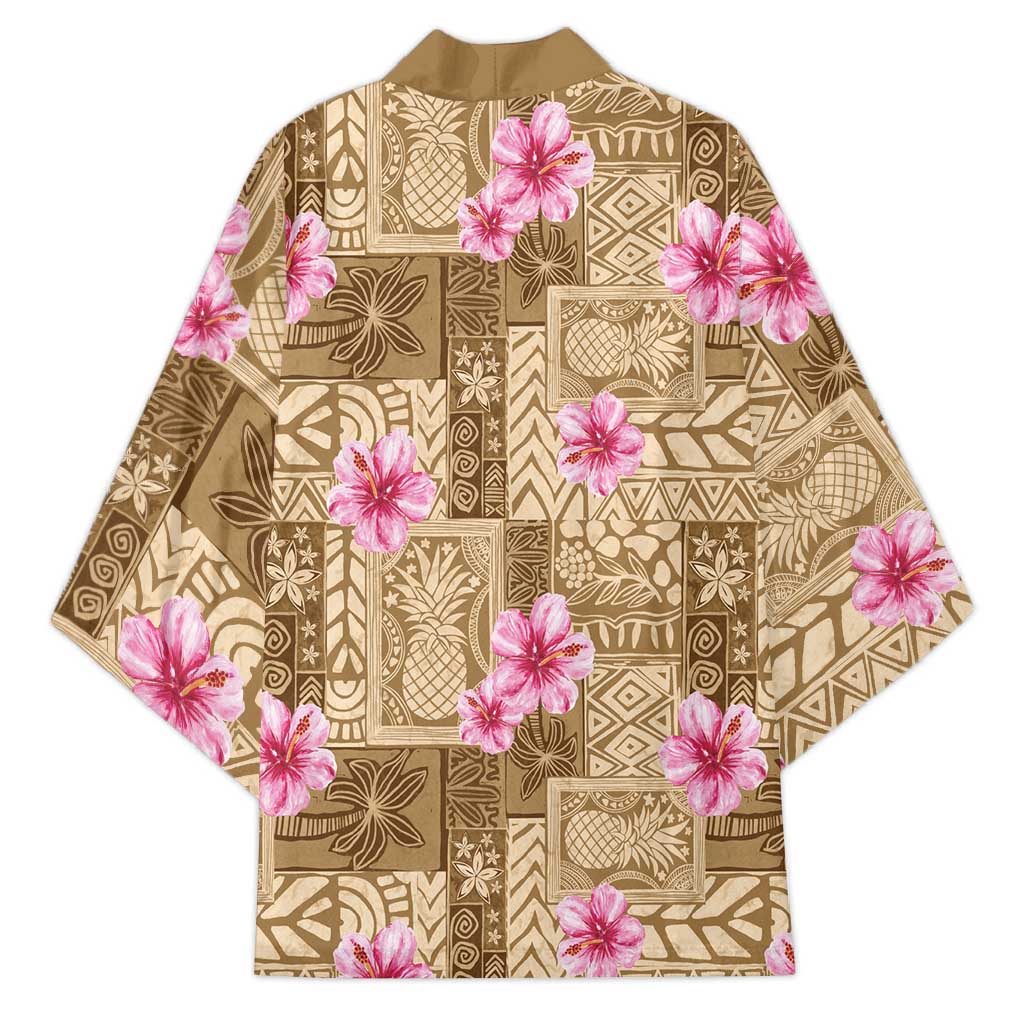 Beige Hawaii Hibiscus With Tropical Flowers Motifs Kimono - Polynesian Pride