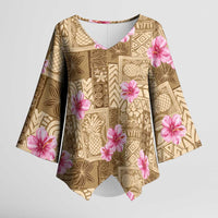 Beige Hawaii Hibiscus With Tropical Flowers Motifs Kimono Sleeve Blouse - Polynesian Pride
