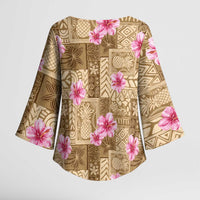 Beige Hawaii Hibiscus With Tropical Flowers Motifs Kimono Sleeve Blouse - Polynesian Pride