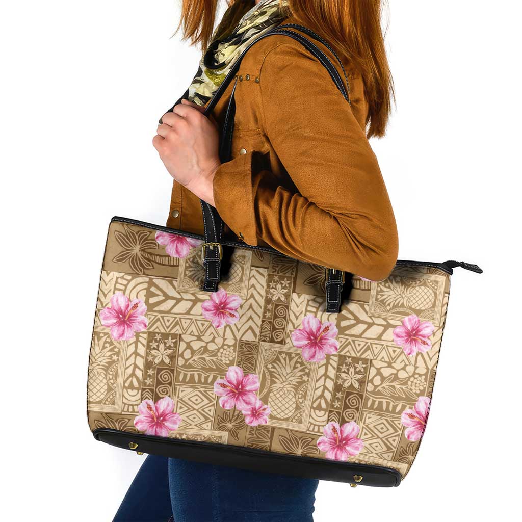 Beige Hawaii Hibiscus With Tropical Flowers Motifs Leather Tote Bag - Polynesian Pride