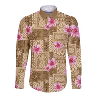 Beige Hawaii Hibiscus With Tropical Flowers Motifs Long Sleeve Button Shirt - Polynesian Pride