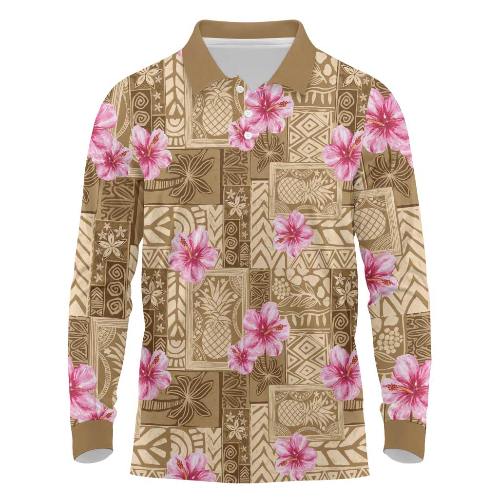 Beige Hawaii Hibiscus With Tropical Flowers Motifs Long Sleeve Polo Shirt LT14 Beige - Polynesian Pride