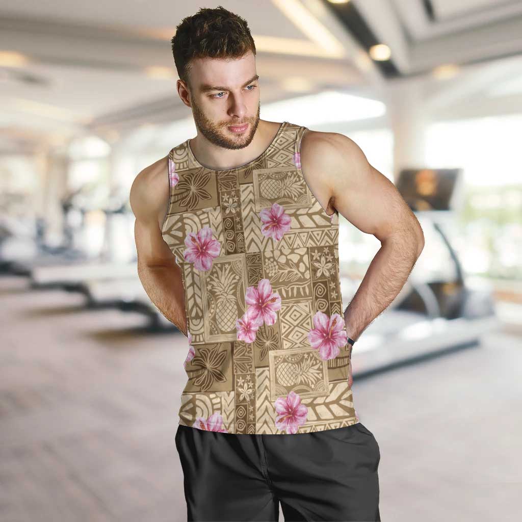 Beige Hawaii Hibiscus With Tropical Flowers Motifs Men Tank Top - Polynesian Pride