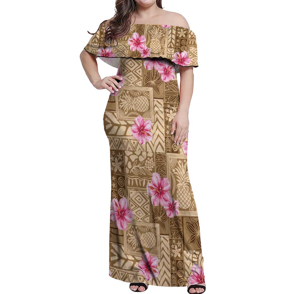Beige Hawaii Hibiscus With Tropical Flowers Motifs Off Shoulder Maxi Dress - Polynesian Pride