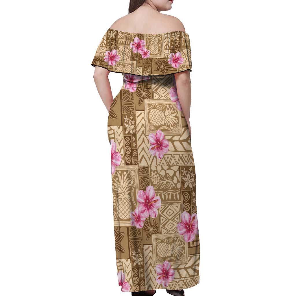 Beige Hawaii Hibiscus With Tropical Flowers Motifs Off Shoulder Maxi Dress - Polynesian Pride