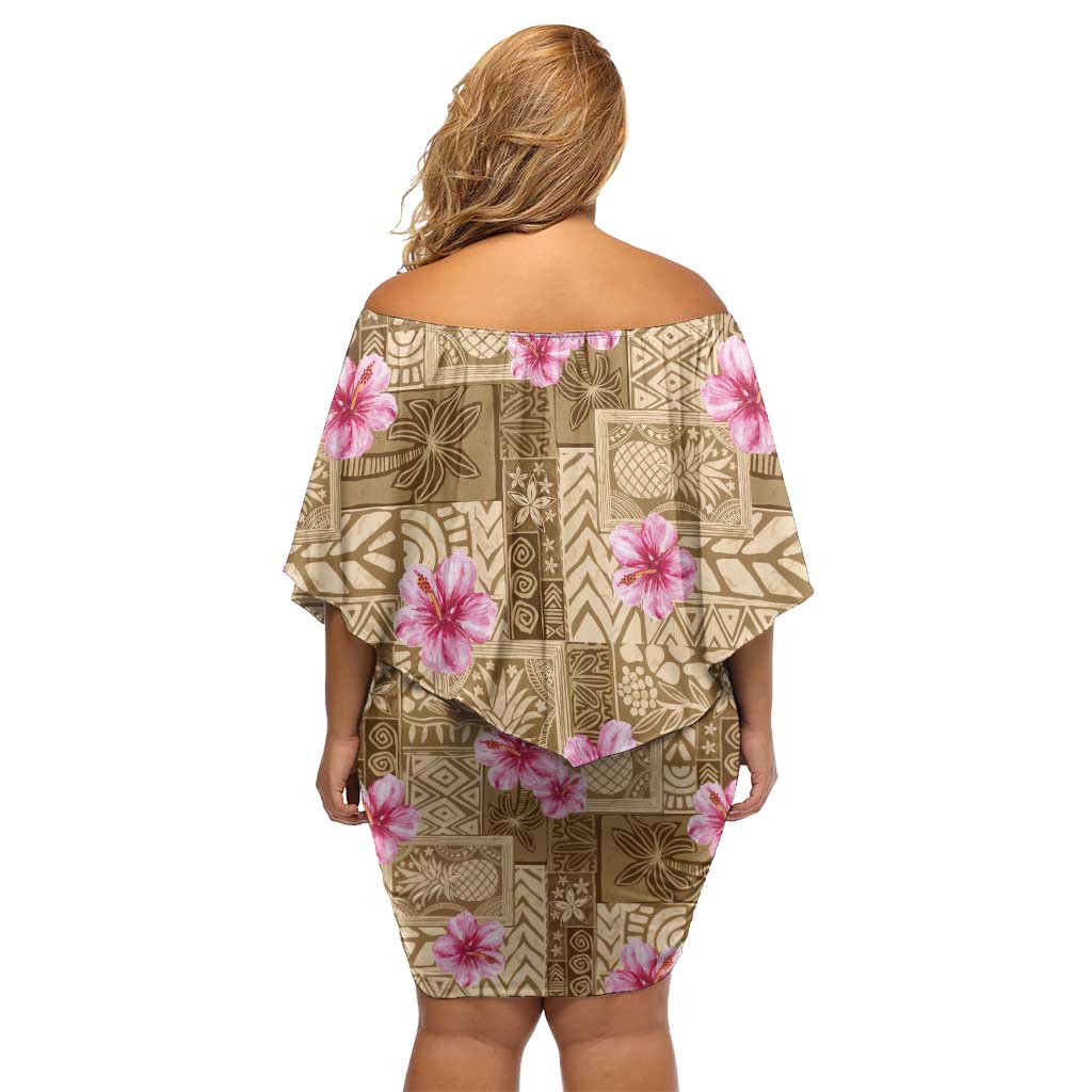 Beige Hawaii Hibiscus With Tropical Flowers Motifs Off Shoulder Short Dress - Polynesian Pride