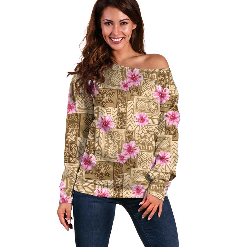 Beige Hawaii Hibiscus With Tropical Flowers Motifs Off Shoulder Sweater - Polynesian Pride