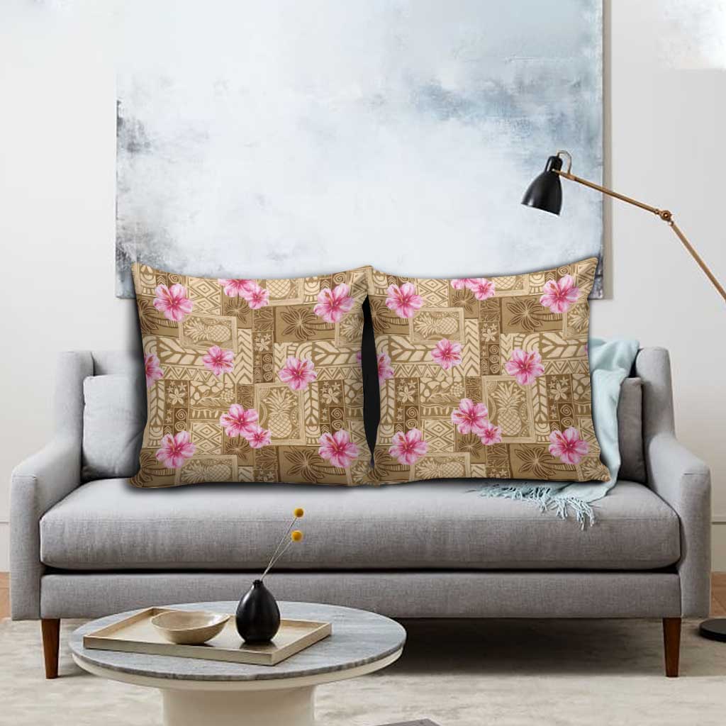 Beige Hawaii Hibiscus With Tropical Flowers Motifs Pillow Cover - Polynesian Pride