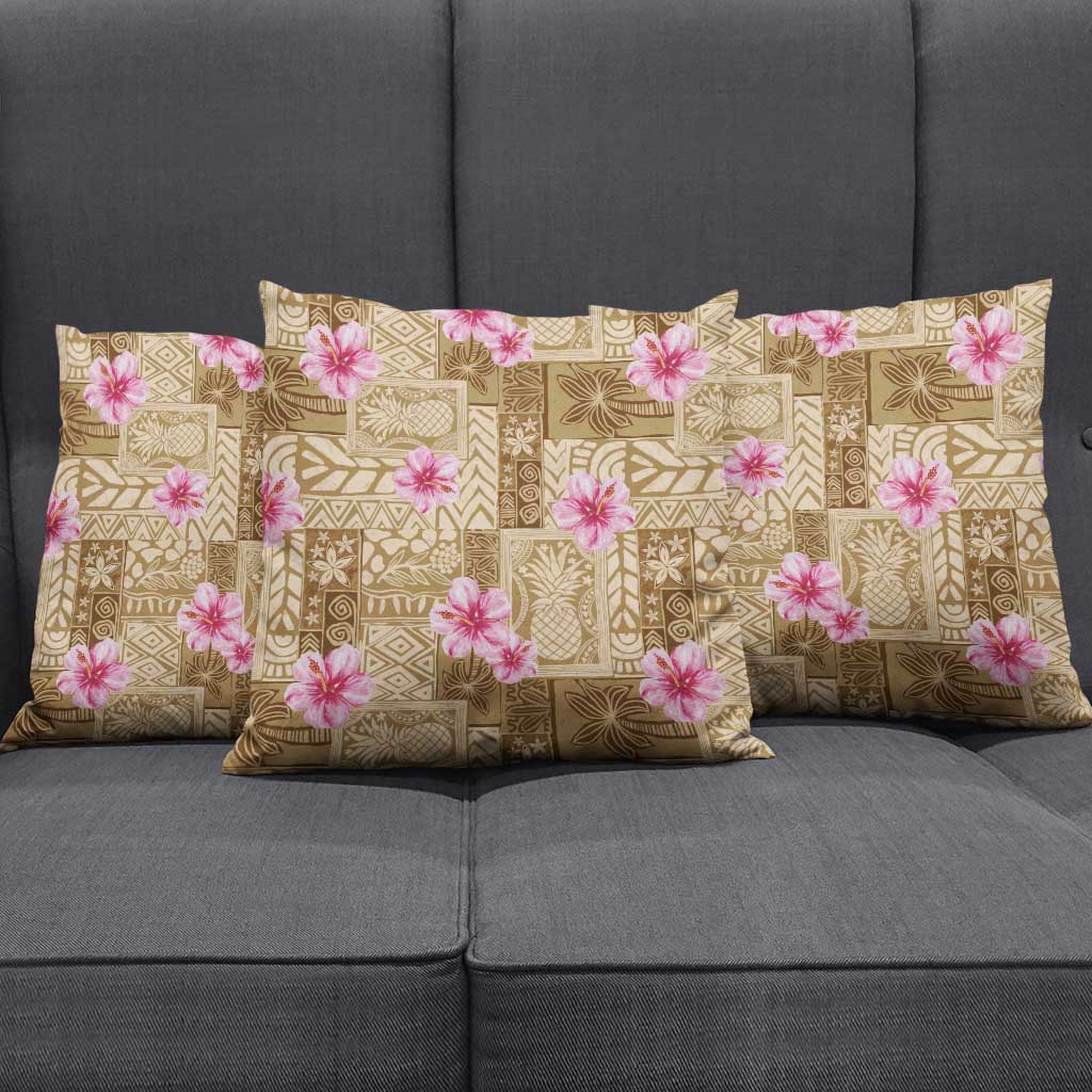 Beige Hawaii Hibiscus With Tropical Flowers Motifs Pillow Cover - Polynesian Pride
