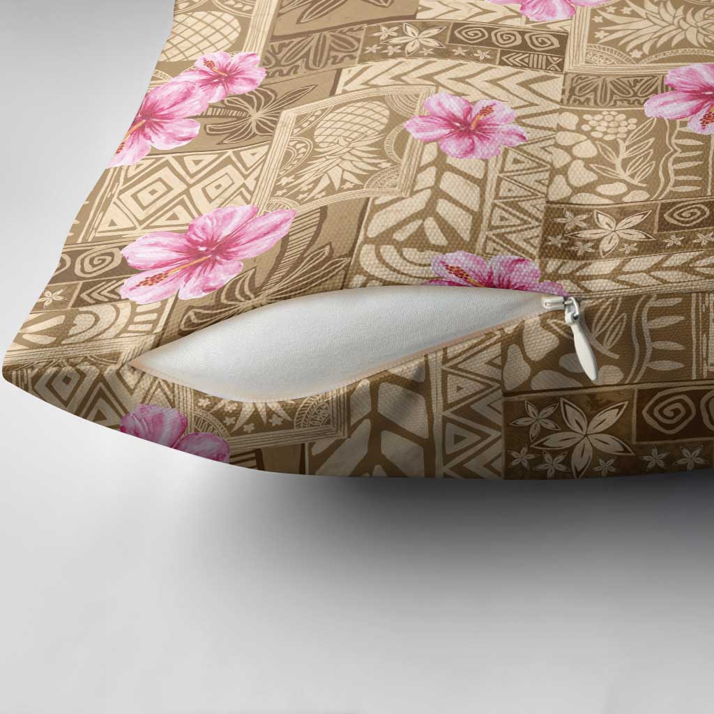 Beige Hawaii Hibiscus With Tropical Flowers Motifs Pillow Cover - Polynesian Pride