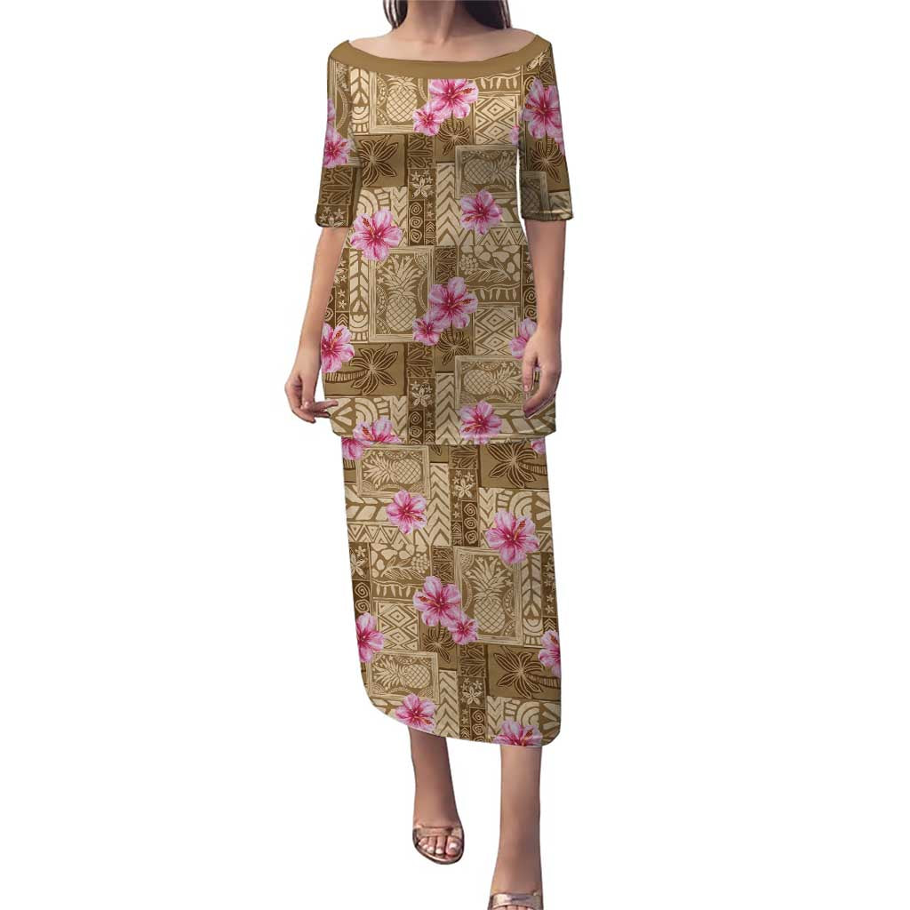 Beige Hawaii Hibiscus With Tropical Flowers Motifs Puletasi - Polynesian Pride