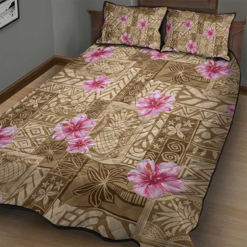Beige Hawaii Hibiscus With Tropical Flowers Motifs Quilt Bed Set - Polynesian Pride