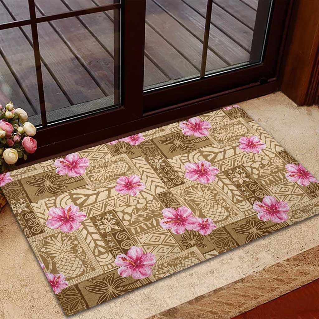 Beige Hawaii Hibiscus With Tropical Flowers Motifs Rubber Doormat LT14 - Polynesian Pride