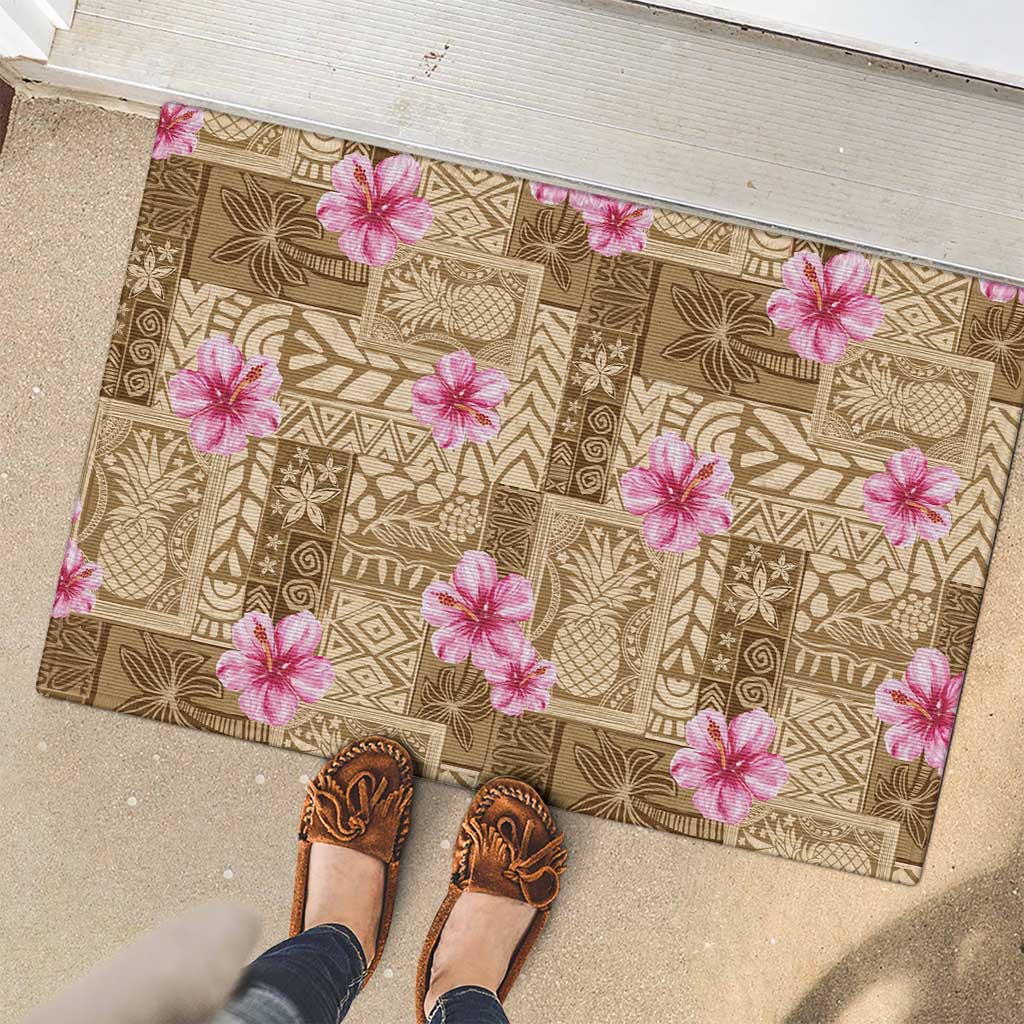 Beige Hawaii Hibiscus With Tropical Flowers Motifs Rubber Doormat LT14 - Polynesian Pride