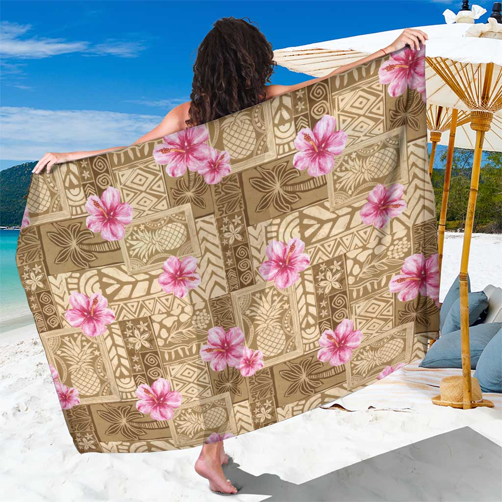 Beige Hawaii Hibiscus With Tropical Flowers Motifs Sarong - Polynesian Pride
