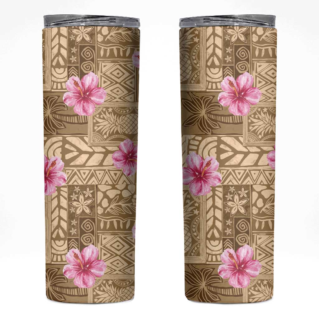Beige Hawaii Hibiscus With Tropical Flowers Motifs Skinny Tumbler - Polynesian Pride