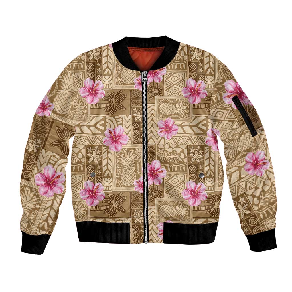 Beige Hawaii Hibiscus With Tropical Flowers Motifs Sleeve Zip Bomber Jacket - Polynesian Pride