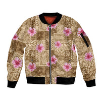 Beige Hawaii Hibiscus With Tropical Flowers Motifs Sleeve Zip Bomber Jacket - Polynesian Pride