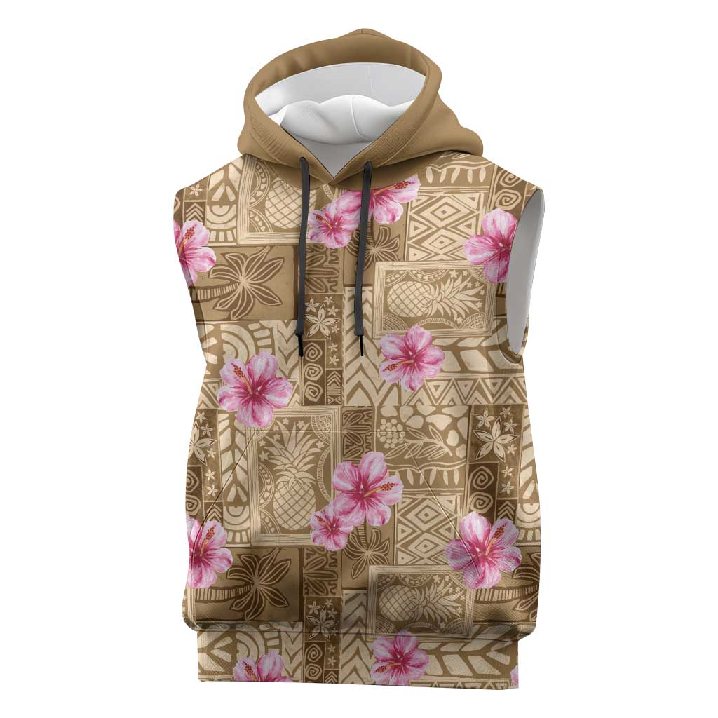 Beige Hawaii Hibiscus With Tropical Flowers Motifs Sleeveless Hoodie - Polynesian Pride