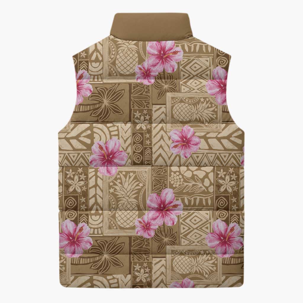 Beige Hawaii Hibiscus With Tropical Flowers Motifs Sleeveless Puffer Jacket - Polynesian Pride