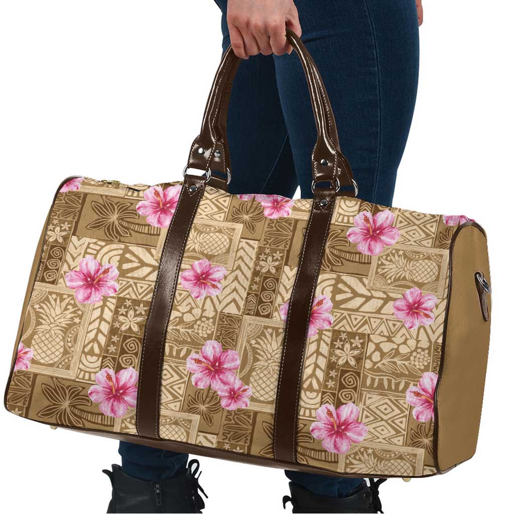Beige Hawaii Hibiscus With Tropical Flowers Motifs Travel Bag - Polynesian Pride
