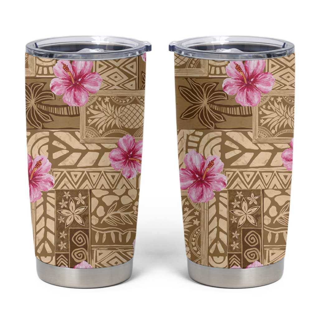 Beige Hawaii Hibiscus With Tropical Flowers Motifs Tumbler Cup - Polynesian Pride