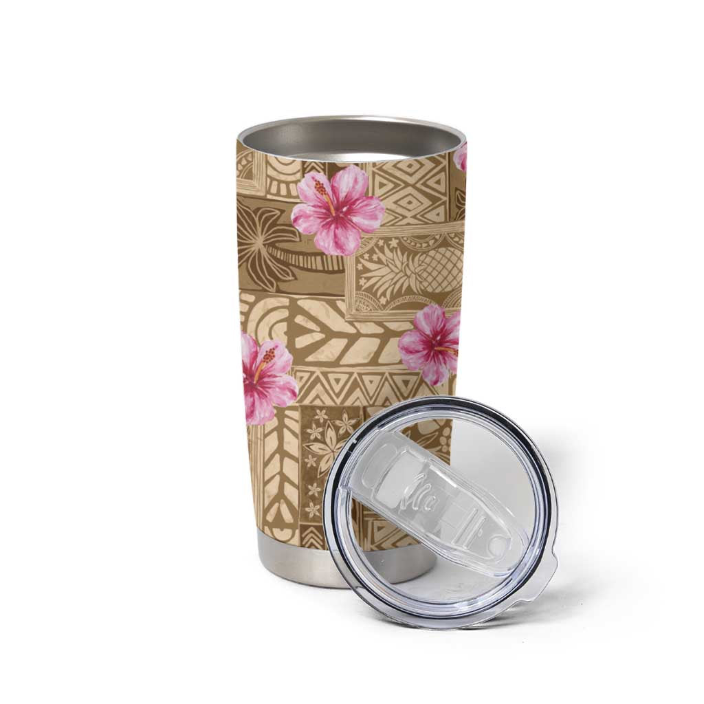 Beige Hawaii Hibiscus With Tropical Flowers Motifs Tumbler Cup - Polynesian Pride