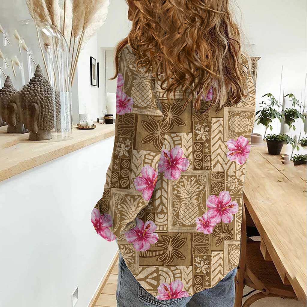 Beige Hawaii Hibiscus With Tropical Flowers Motifs Women Casual Shirt - Polynesian Pride