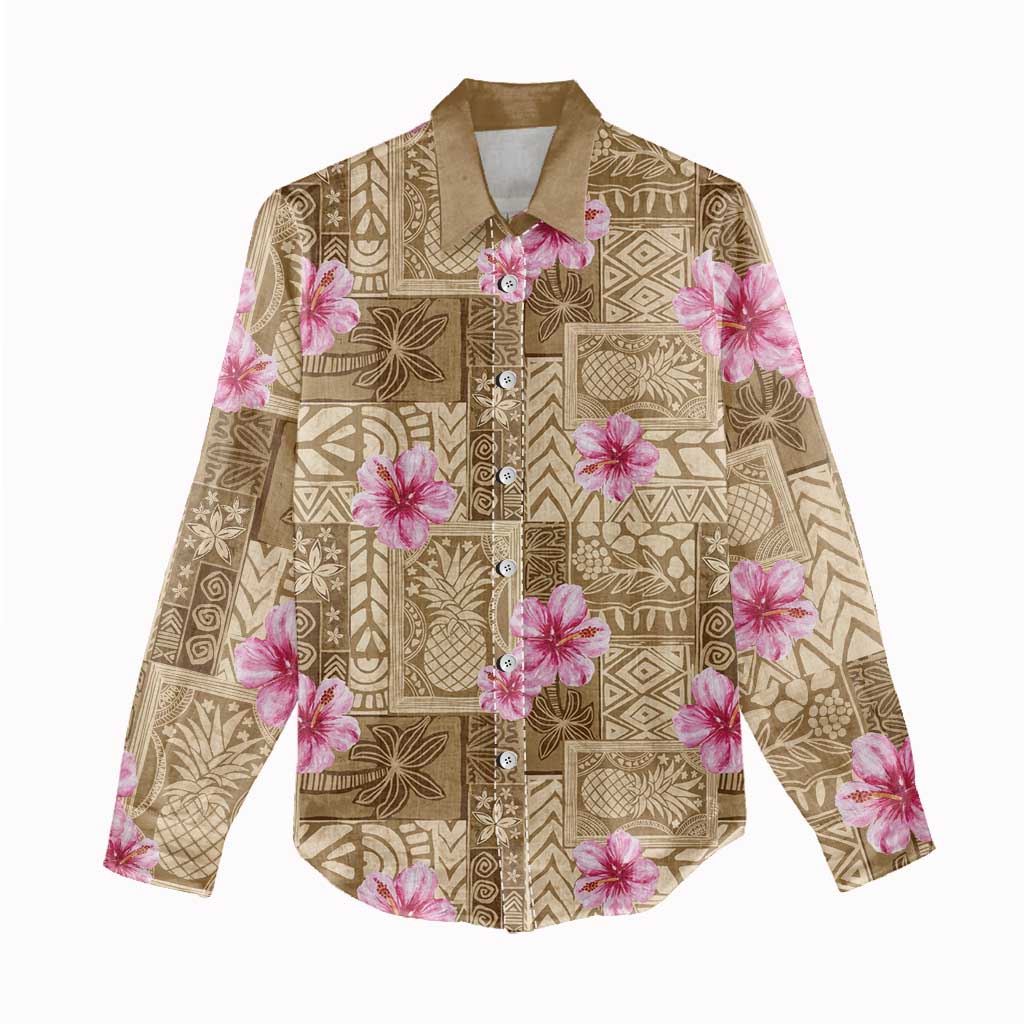 Beige Hawaii Hibiscus With Tropical Flowers Motifs Women Casual Shirt - Polynesian Pride