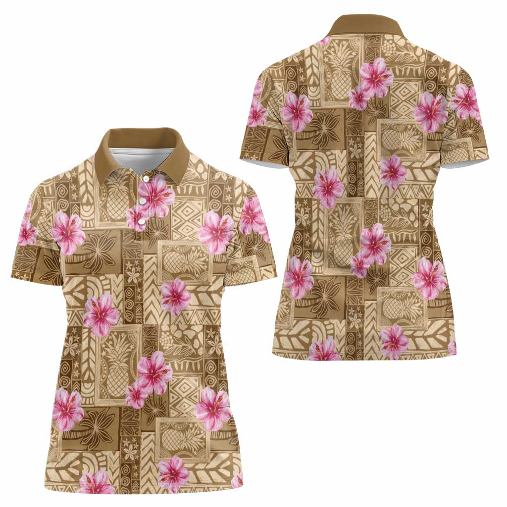 Beige Hawaii Hibiscus With Tropical Flowers Motifs Women Polo Shirt - Polynesian Pride